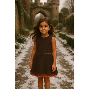 DAVID CHARLES Wool Tweed Shift Dress 6Y Vintage Cottage Winter Autumn Brown Boho